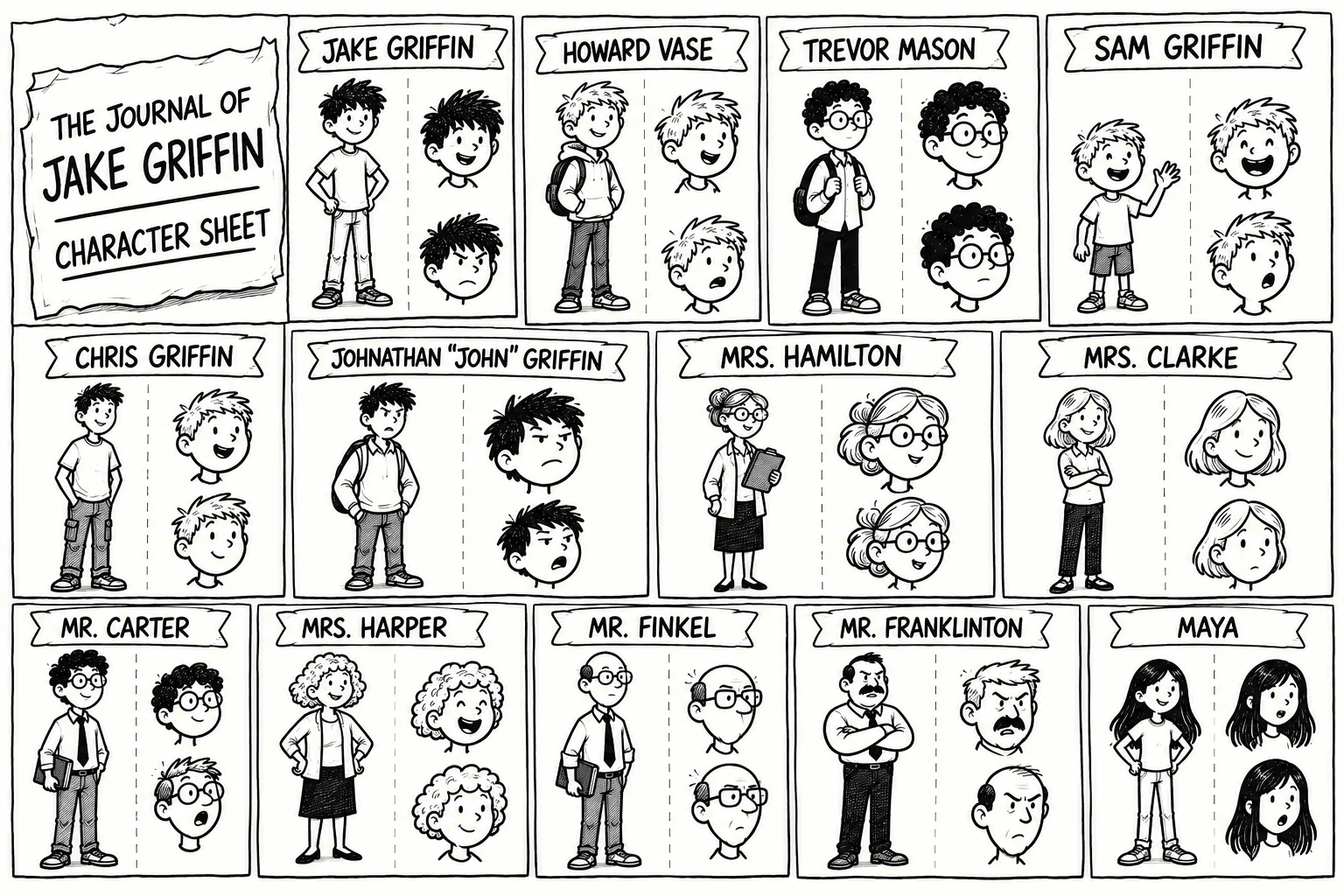 Official black-and-white character reference sheet with Jake, Howard, Trevor and the supporting cast